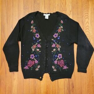Victoria Jones Floral Beaded Cardigan Sweater‎ Embellished Knit M Cottage Cozy